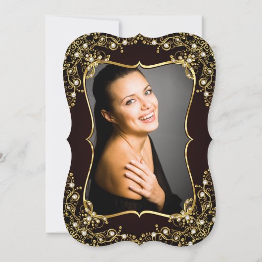 フォトバースデーパーティー黒金ゴールド真珠 招待状 (裏面)