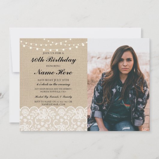 フォトバースデーパーティー40th 50thバーラップ素朴レース 招待状 (正面)