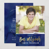 フォトバーモダン（ユダヤ教の）バル・ミツバーブルーウォーター金ゴールド型 招待状 (正面/裏面)