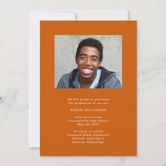 フォトバーンオレンジのスポーティな卒業発表 招待状 (裏面)