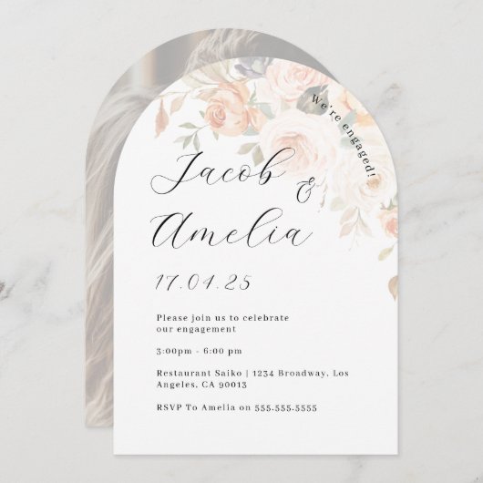 フォトバーンオレンジフローラアーチ婚約パーティ 招待状 (正面/裏面)