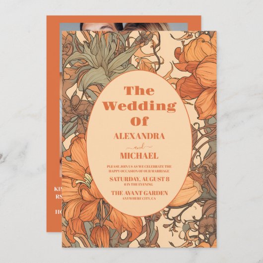 フォトバーンオレンジフローラ結婚アールヌーボー 招待状 (正面/裏面)