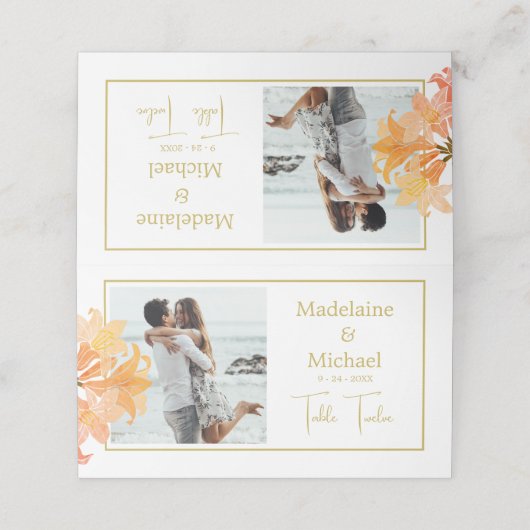 フォトバーンドオレンジのエレガントな結婚式のテーブル番号 プレイスカード (外部開封)