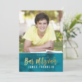 フォトバー（ユダヤ教の）バル・ミツバーティール（緑がかった色）ブルーウォーター色金ゴールド型 招待状 (スタンド正面)