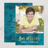 フォトバー（ユダヤ教の）バル・ミツバーティール（緑がかった色）ブルーウォーター色金ゴールド型 招待状 (正面/裏面)