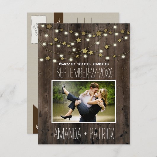 フォトバ素朴ンウッドウェディング日付カードを保存 案内ポストカード (正面/裏面)