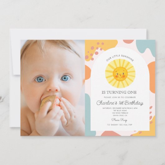 フォトパステルかわいい太陽レトロ波状第1誕生日 招待状 (正面)