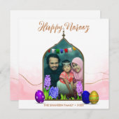 フォトパステルピンクの花カラフル卵ハッピーNorooz シーズンカード (正面/裏面)