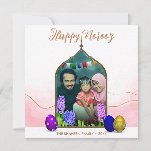 フォトパステルピンクの花カラフル卵ハッピーNorooz シーズンカード (正面)