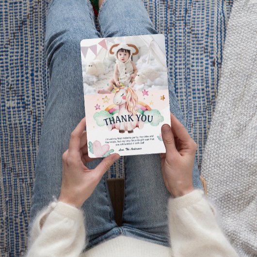 フォトパステルユニコーン子供の誕生日サンキューカード 招待状