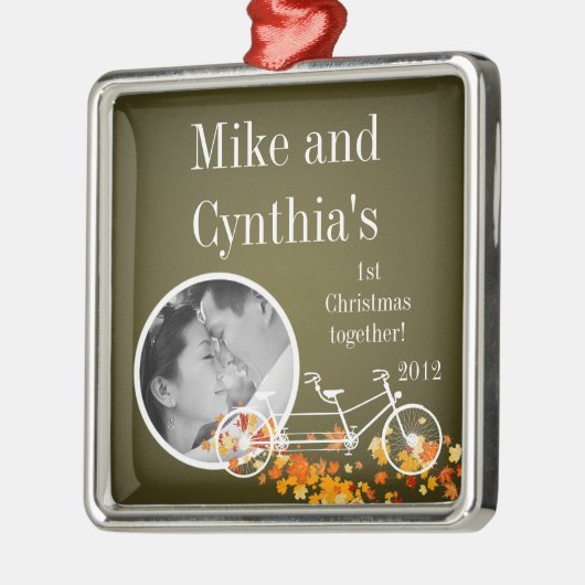 フォトパーソナライズされたオーナメントブラウン秋ダブルバイク メタルオーナメント (左)