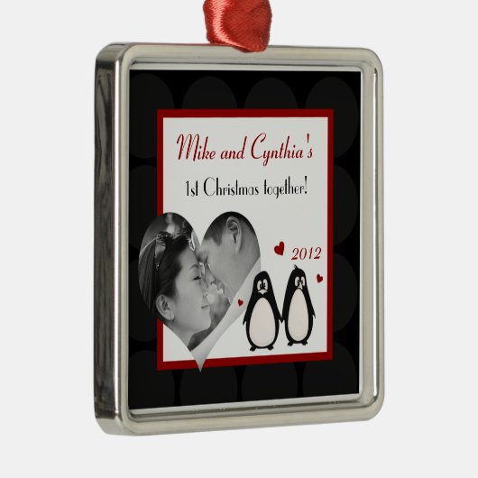 フォトパーソナライズされたオーナメントペンギンラブカップルMa メタルオーナメント (右)
