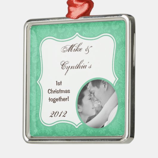 フォトパーソナライズされたオーナメントミントホワイトダマスクレース メタルオーナメント (左)