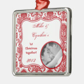 フォトパーソナライズされたオーナメントレッドホワイトダマスクレース メタルオーナメント (左)