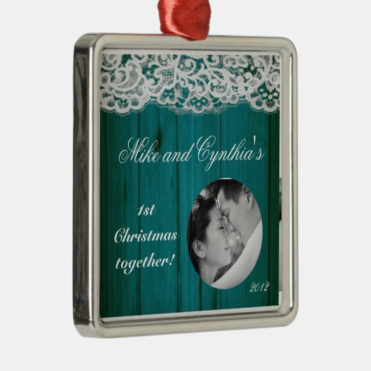 フォトパーソナライズされたオーナメント注意散在ティール(緑がかった色)木材 メタルオーナメント (右)