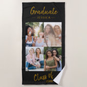 フォトパーソナライズされたコラージュ黒金ゴールド卒業 ビーチタオル (正面)
