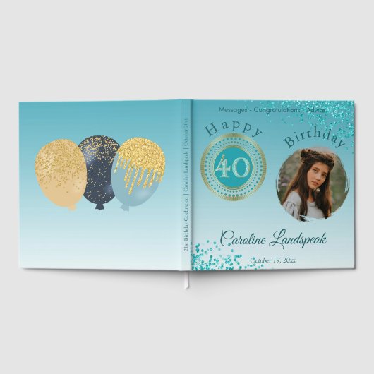 フォトパーソナライズされたティール（緑がかった色）ブルーグリッター40歳の誕生日 ゲストブック (全面)