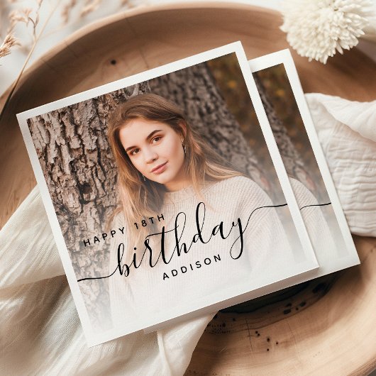 フォトパーソナライズされたブラックスクリプト18誕生日 スタンダードカクテルナプキン