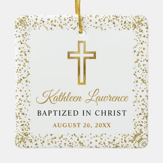 フォトパーソナライズされた金ゴールドグリッタークロスガールバプテスマ セラミックオーナメント (正面)
