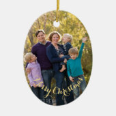 フォトパーソナライズされた金ゴールド文字オーバルクリスマス セラミックオーナメント (正面)