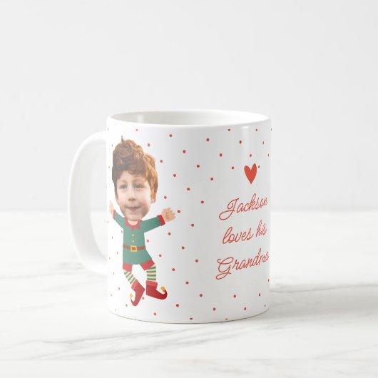フォトパーソナライズされた顔おもしろいクリスマス小妖精や小人キッド コーヒーマグカップ (正面左)