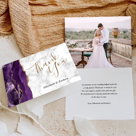 フォトパープルアゲート金ゴールド大理石結婚さんありがとう カード