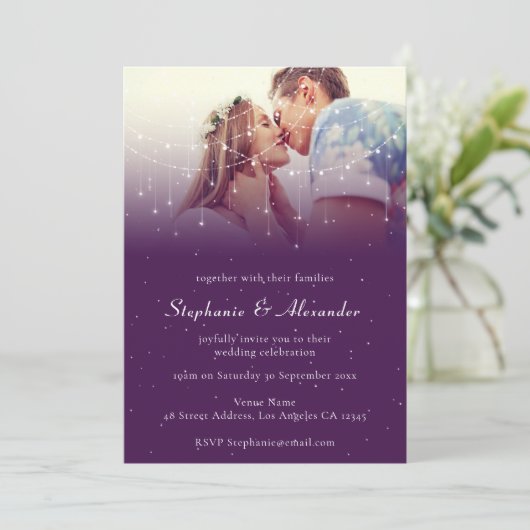 フォトパープルエレガントストリングラ結婚イト 招待状 (スタンド正面)