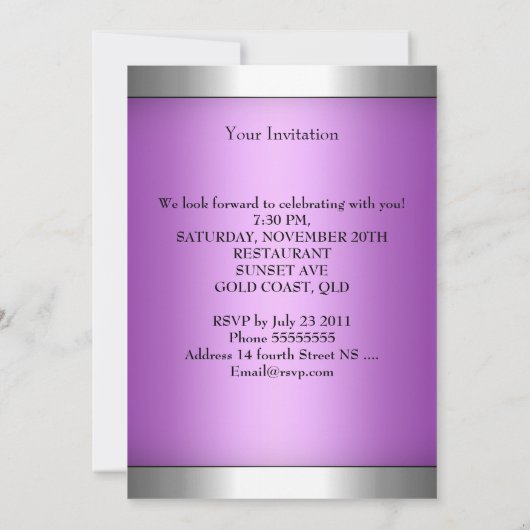 フォトパープルエレガントピンクシルバーバルーン21st 招待状 (裏面)