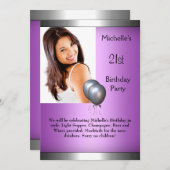 フォトパープルエレガントピンクシルバーバルーン21st 招待状 (正面/裏面)