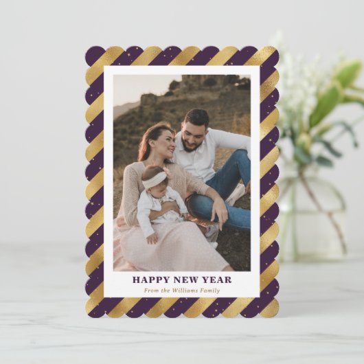 フォトパープルエレガント金ゴールドハッピーニューイヤーカード シーズンカード (スタンド正面)
