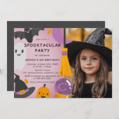 フォトパープルオレンジかわいいハロウィーン子供の誕生日 招待状 (正面/裏面)