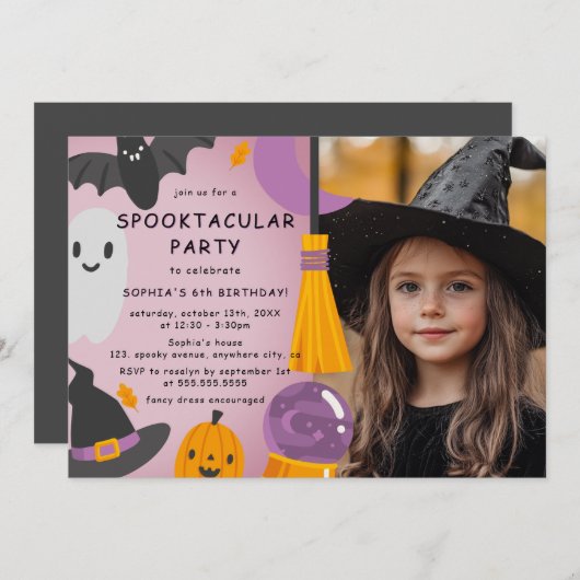 フォトパープルオレンジかわいいハロウィーン子供の誕生日 招待状 (正面/裏面)