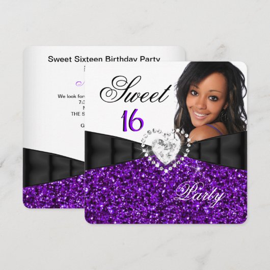 フォトパープルグリッタースウィート16 16thバースデーパーティー 招待状 (正面/裏面)