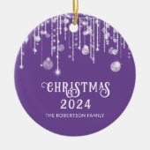 フォトパープルストリングライトクリスマスパーティー セラミックオーナメント (正面)