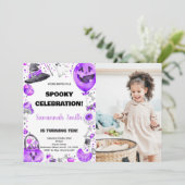 フォトパープルバルーンハロウィーン誕生日招待状 招待状 (スタンド正面)