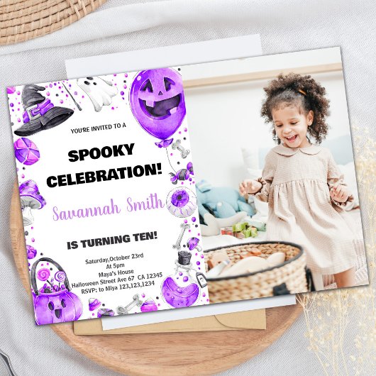 フォトパープルバルーンハロウィーン誕生日招待状 招待状