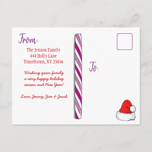 フォトパープルパーソナライズされたキャンディーケーンクリスマス シーズンポストカード (裏面)