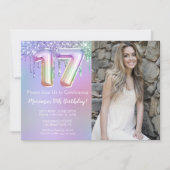 フォトパープルピンクグリッタードリップス17誕生日 招待状 (正面)