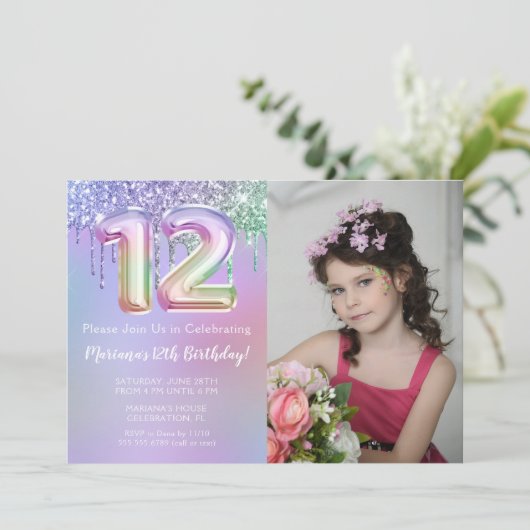 フォトパープルピンクグリッター12th誕生日パーティー 招待状 (スタンド正面)
