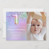 フォトパープルピンクグリッター1st誕生日パーティー 招待状 (正面)