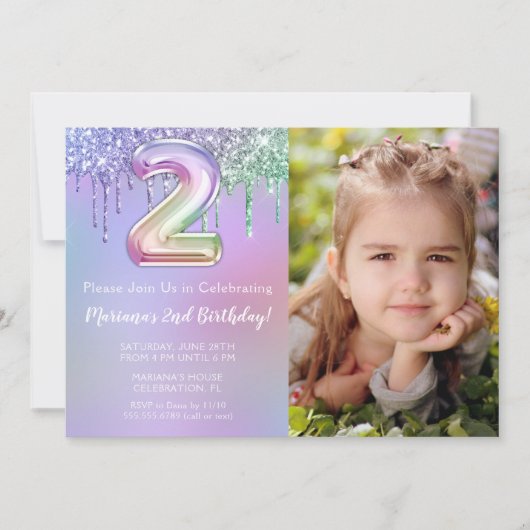 フォトパープルピンクグリッター2nd誕生日パーティー 招待状 (正面)