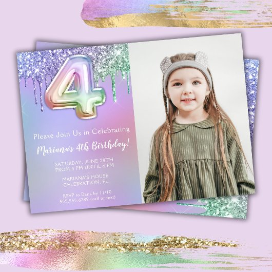 フォトパープルピンクグリッター4歳の誕生日パーティー 招待状