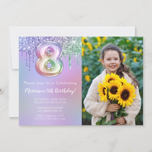 フォトパープルピンクグリッター8th誕生日パーティー 招待状 (正面)