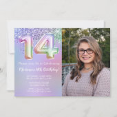 フォトパープルピンクラメ14歳の誕生日パーティー 招待状 (正面)
