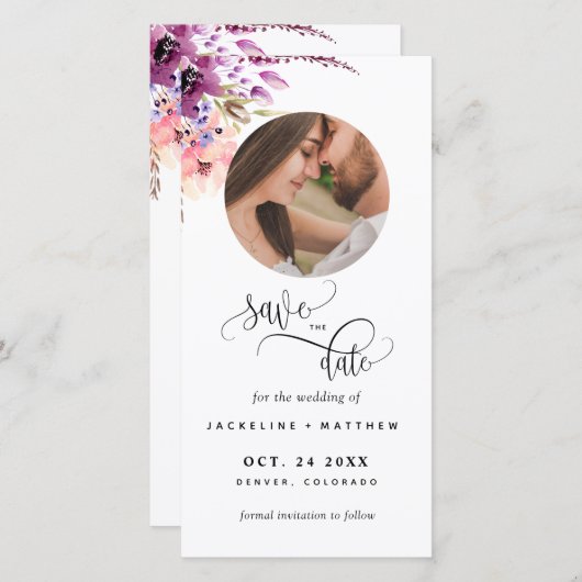 フォトパープルフローラウェディング日付ブックマークを保存 (正面/裏面)