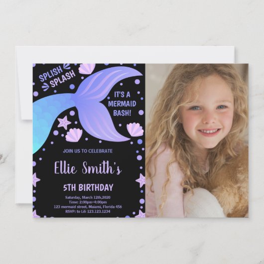 フォトパープルブルーテールシェルマーメイド招待状 招待状 (正面)