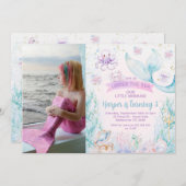 フォトパープルブルーリトルマーメイド誕生日 招待状 (正面/裏面)