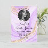 フォトパープルマーブルグリッタースウィート16パーティー 招待状 (スタンド正面)