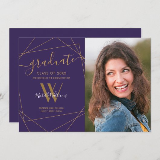 フォトパープルモダンモノグラム幾何学卒業 案内状 (正面/裏面)
