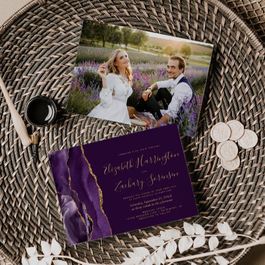 フォトパープルモダン金ゴールドアゲートプラム結婚ズ 招待状